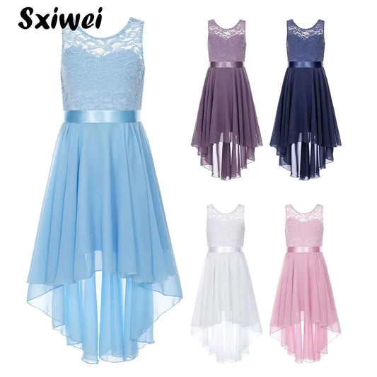 Blumenmädchen-Chiffonkleid mit floraler Spitze, Sommer, ärmellos, hoher, niedriger Saum, formelles Hochzeitskleid für Brautjungfer, Junior, Prinzessin
