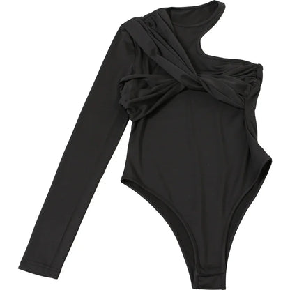 Autumn 2025 Long Sleeve Pullover New Fashion Sexy Spice Girls Crew Neck Single Rotator Sleeve Pleated Slim Bodysuit Women