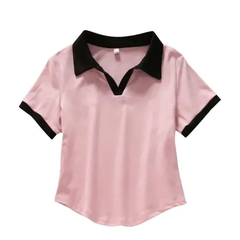 Slim Fit Short Sleeve V-Neck POLO Shirt T-Shirt Korean Design Summer Fashionable Top Half Sleeve Summer Wear Women's Fashion.