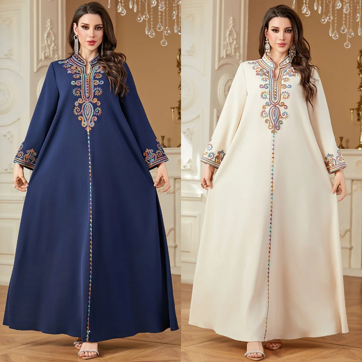 Dubai Muslim New Fashion Women's Embroidereid Long Sleeve V-neck Loose A-line Ankle Length Dresses Female Trendy Elegant Clothes.