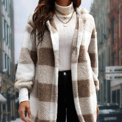 Frauen Herbst Winter Doppel Fleece Plaid Strickjacke Weiche Lose Lange Hülse Plüsch Warme Mit Kapuze Jacke Weibliche Patchwork Oberbekleidung Mantel