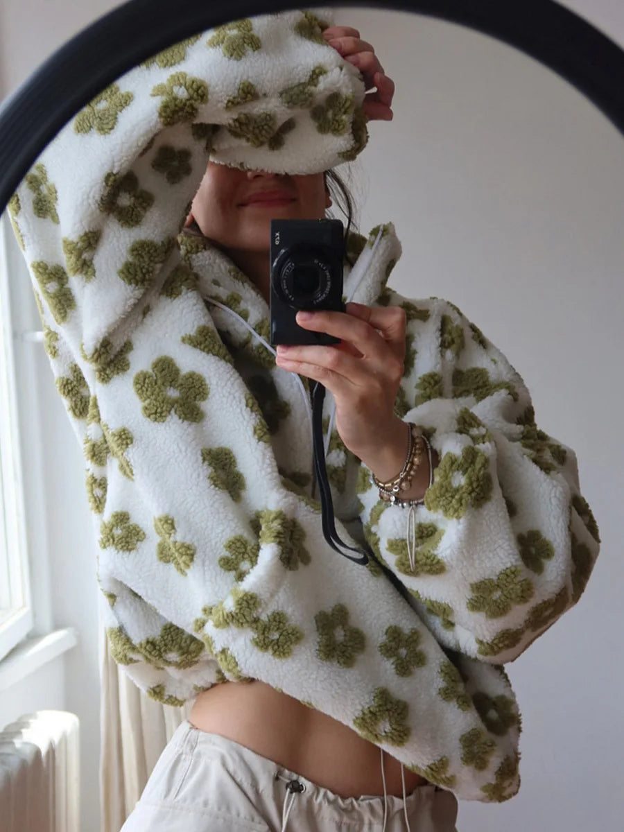 Sumuyoo Autumn Winter Women's Sherpa Floral Pullover Hoodies Half Zip Style Loose Fit Warm Stylish New Sweatshirt.