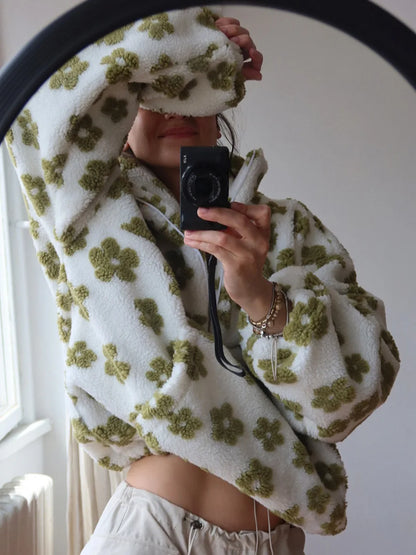 Sumuyoo Autumn Winter Women's Sherpa Floral Pullover Hoodies Half Zip Style Loose Fit Warm Stylish New Sweatshirt.