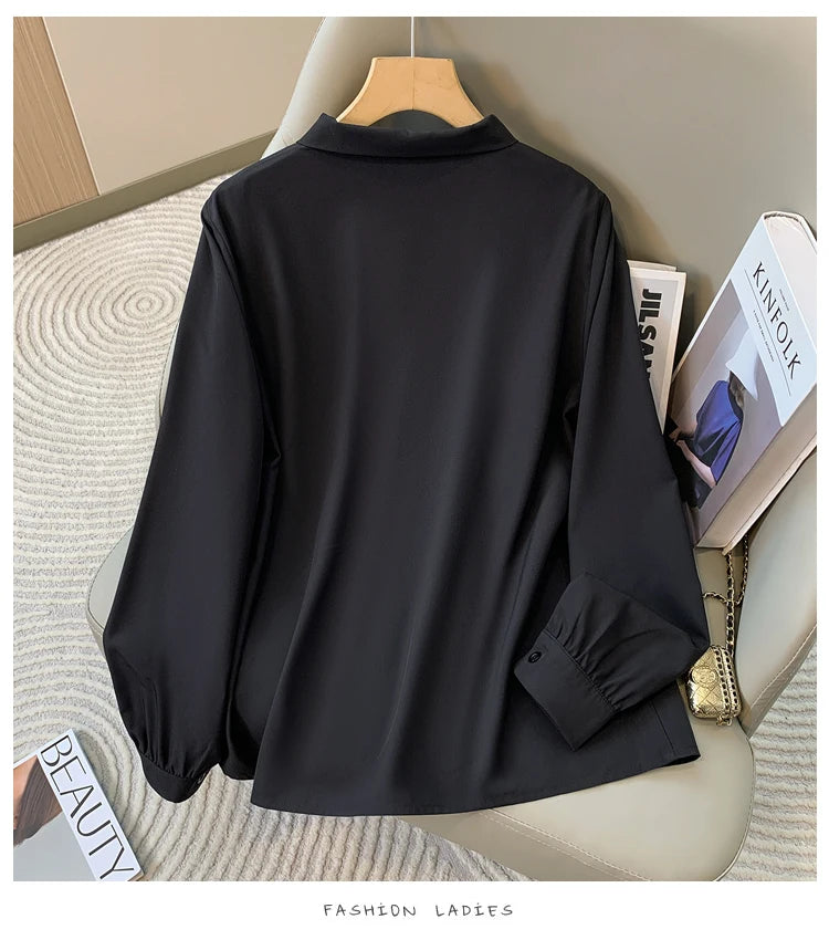 Loose Long Sleeve V-Neck Work Shirt for Women Plus Size Women's Blouses Fashion Versatile Autumn Bow Tops Trendy Business Shirts.