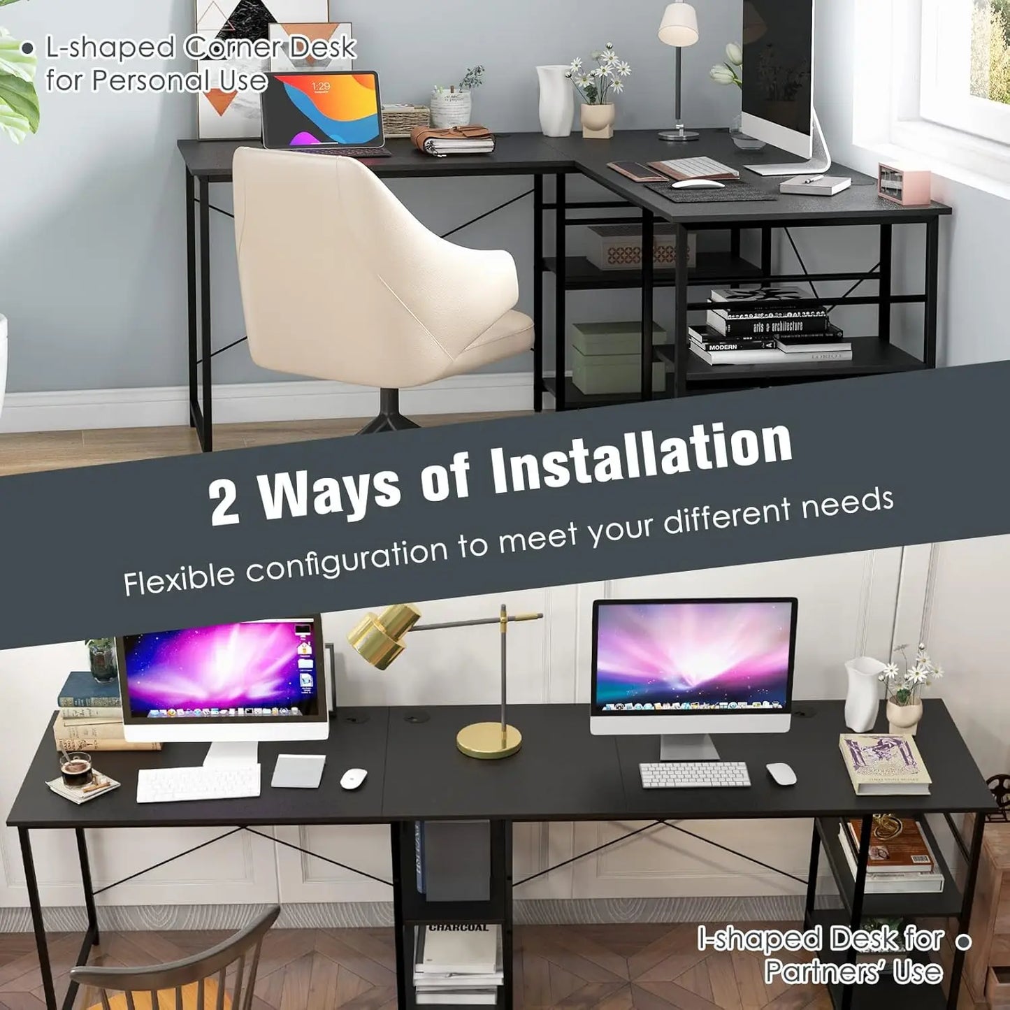 L-förmiger Schreibtisch Computertisch mit Regal, großer Arbeitsplatz, Home Office Gaming Tisch, höhenverstellbar, Schwarz