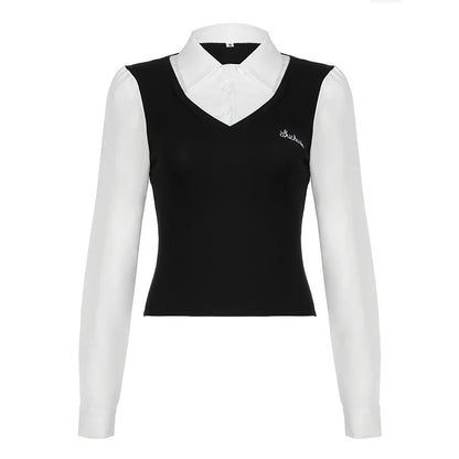 Fashionable and minimalist college style contrasting color lapel fake two piece T-shirt versatile short sleeved top