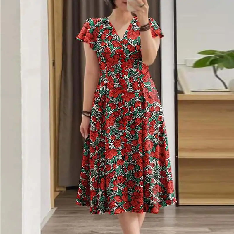 ZANZEA Elegante Frauen Floral Print Midi Kleid Sommer 2025, Casual Rüschen Kurzarm V-ausschnitt Vestidos Mode Cinched Taille Roben