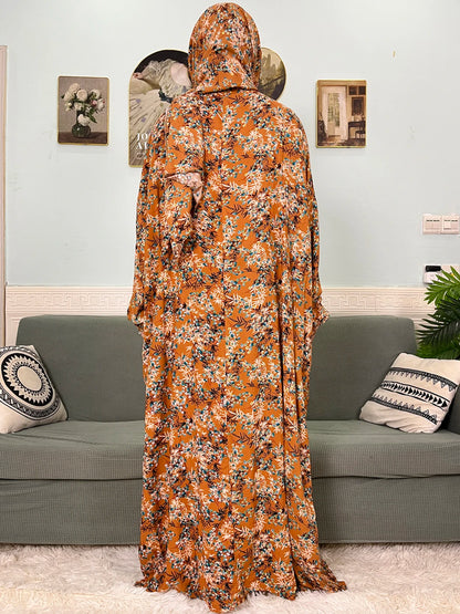 Muslim Cotton Abayas For Women Traditional Floral Ramadan Prayer Garment African Caftan Marocain Femme Robe Connected Headscarf.