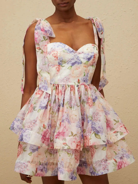 TWOTWINSTYLE Abnehmen Druck Verstärktes Spitze Up Elegante Kleider für Frauen Square Neck Ärmellose Patchwork Rüschen Kleid Weibliche