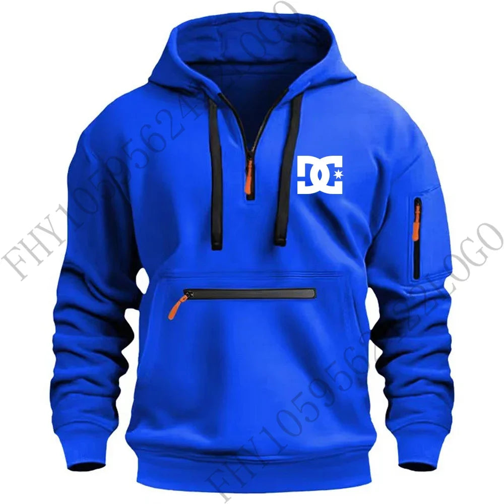 New men's hooded sportswear for autumn and winter 2025, long-sleeved multi-zipper pocket outdoor fishing casual pullover.