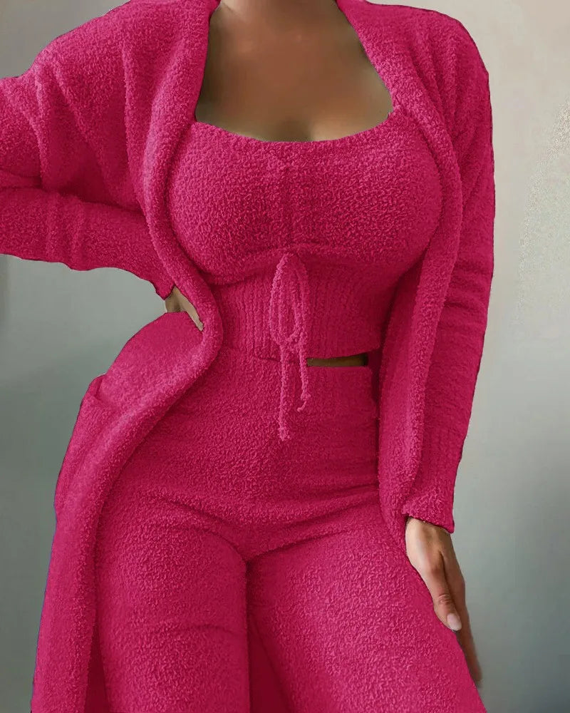 Pajama Woman Winter  Fluffy Pajamas Set for Women Casual Solid Sleepwear 3 Pieces Suit Long Pants Homewear Pijama.