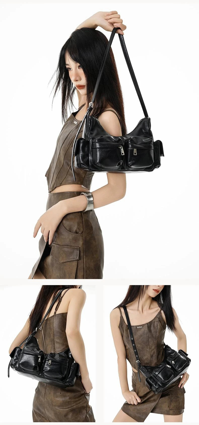 Jozy Fashion Trend Handbag Women New Design Black Multi-pocket Crossbody Bag Y2k Biker Shoulder Underarm Bag Vintage 2024 High.