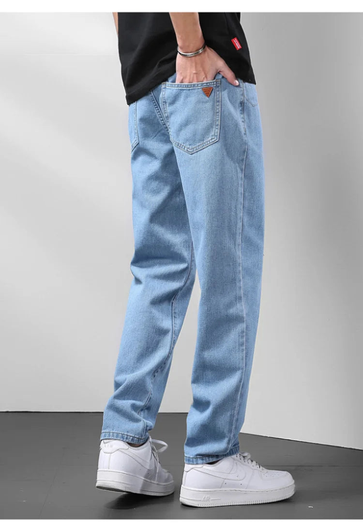 Light Blue American Retro Jeans Men Soft Loose Straight Cylinder High Street Workwear Casual Loose Legs Pants.