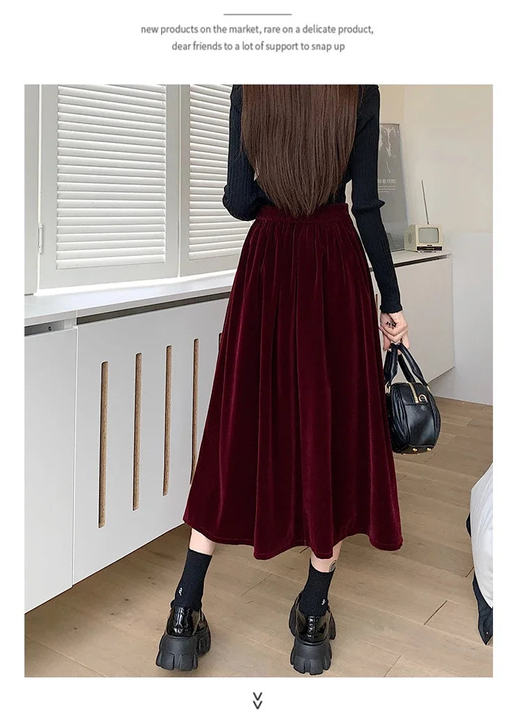 Autumn Winter Warm Vintage Red Elegant Velvet A-line Skirt For Women 2024 High Waist Casual Black Party Pleated Big Swing Skirts.