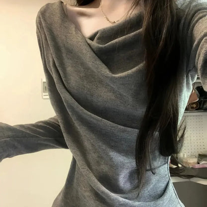 Sweet Crew Neck Irregular Long Sleeve Women's T-shirt Slimming Waist Design Base Layer Fashionable Bottoming Top.