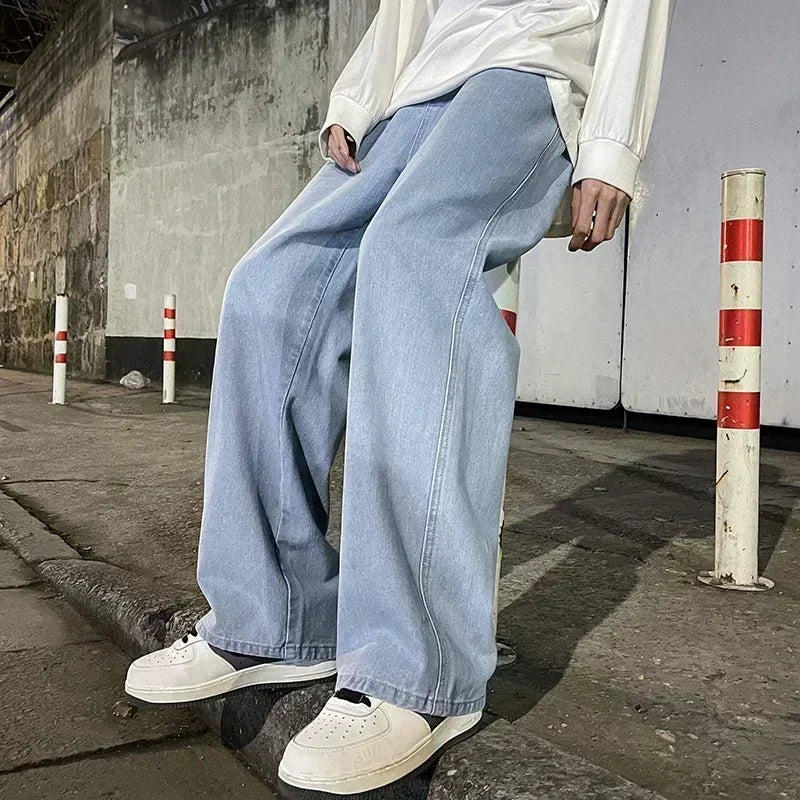2024 New Streetwear Loose Jeans Men Korean Style Fashion Loose Straight Wide Leg Pants Men's Brand Clothing Black Light Blue.