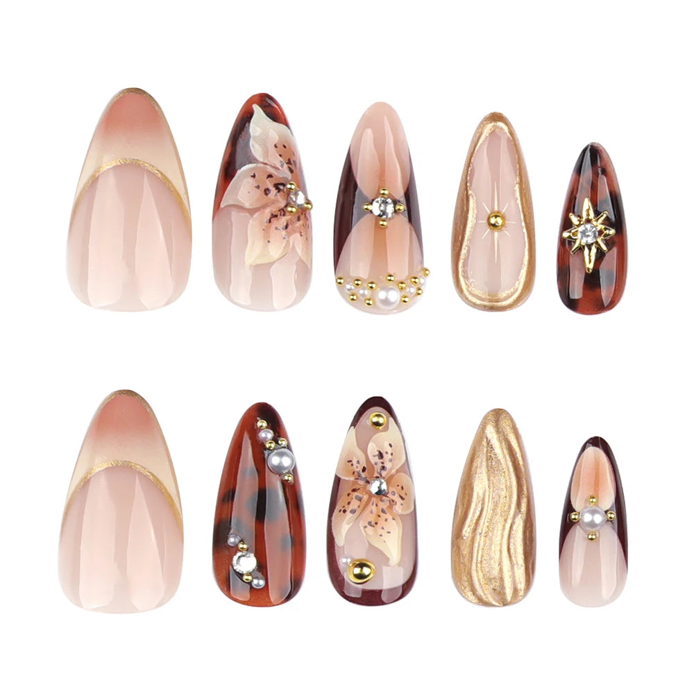 24Pcs Gold Ripple Brown Flowers False Nails with Rhinestones Pearl Design Wearable Almond False Nails Full Cover Press on Nails.