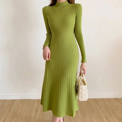 Herbst Winter 2023 Schlank Langarm Party Midi Kleid für Frauen Gestrickte Halb Hohen Kragen Elegante Gestrickte Pullover Kleider Damen.