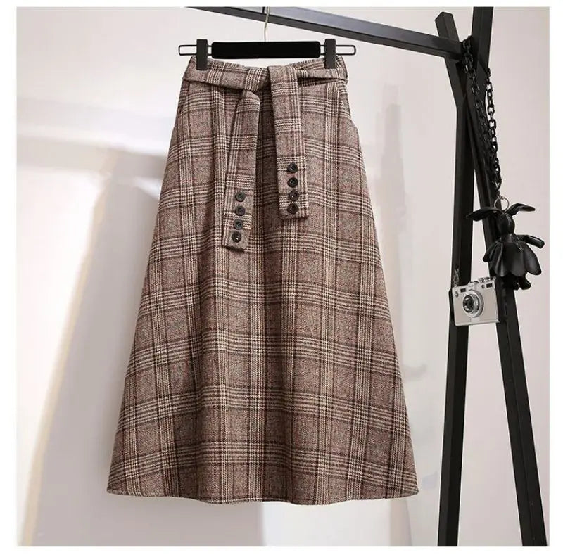 Khaki Plaid Vintage A-line High Waist Lace Up Buttons Loose Women's Skirt Mid-Calf Long Skirts For Women Clothing Fashion 2024.