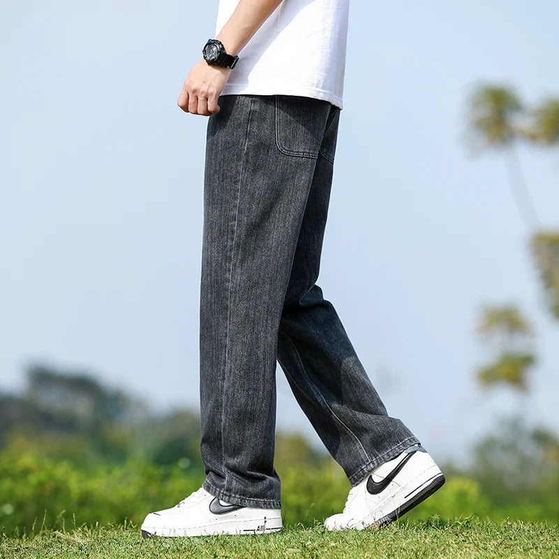 Mens Minimalist Loose Straight Wide Leg Denim Jeans 2025 Autumn Winter Retro Drape Comfortable Casual Pants Plus Size 38.