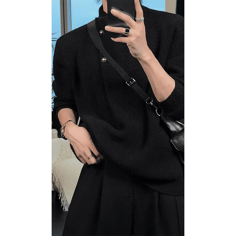 Vintage Trend Casual Autumn Winter New Men Turtleneck Solid Button Fashion Luxury Business Long Sleeve Pullovers Knitted Tops