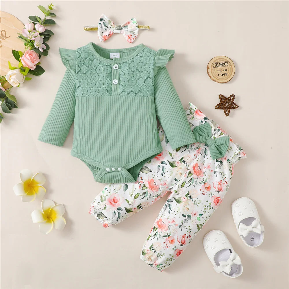 3PCS Baby Girl Clothes Set Long Sleeve Romper Top+Flowers Pant+Headband Spring&Autumn Lovely Outfit for Toddler Girl 0-18 Months.