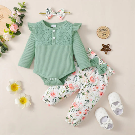 3PCS Baby Girl Clothes Set Long Sleeve Romper Top+Flowers Pant+Headband Spring&Autumn Lovely Outfit for Toddler Girl 0-18 Months.