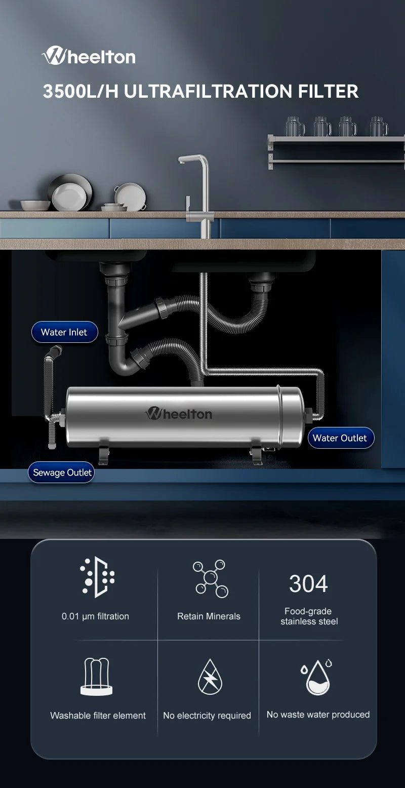 Wheelton PVDF UF 3500L/H Water Purifier Whole House Ultrafiltration Filter 0.01um Filtration SUS304 Drinkable Water.