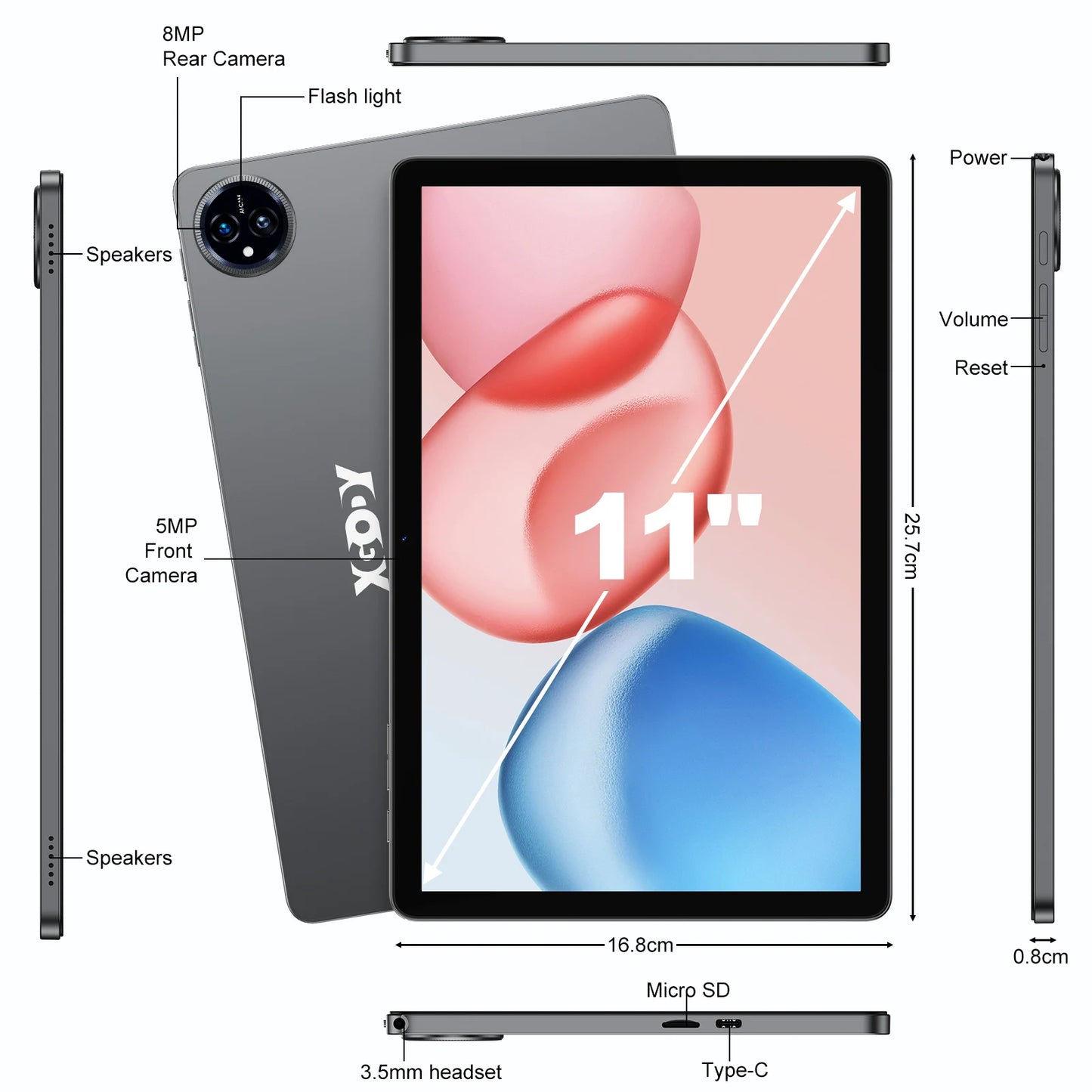 XGODY Q17 Android 15 Tablet 11 inch A573 Octa-Core CPU 2K HD Touch Screen 16GB RAM 256GB ROM Android 15 8000mAh 13MP+8MP Camera.