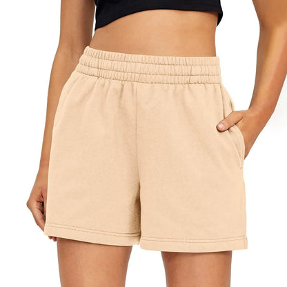 Plain Color Sports Shorts Casual Summer Comfortable And Soft Elastic High Waist Running Shorts With Pockets For Women