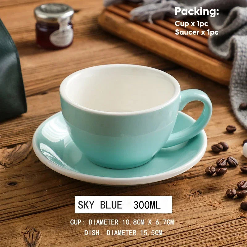 300ml Ceramic Coffee Cup and Saucer Set Pottery Latte Cups Breakfast Milk Mug Afternoon Teacup Porcelain Water Mugs Wholesale
