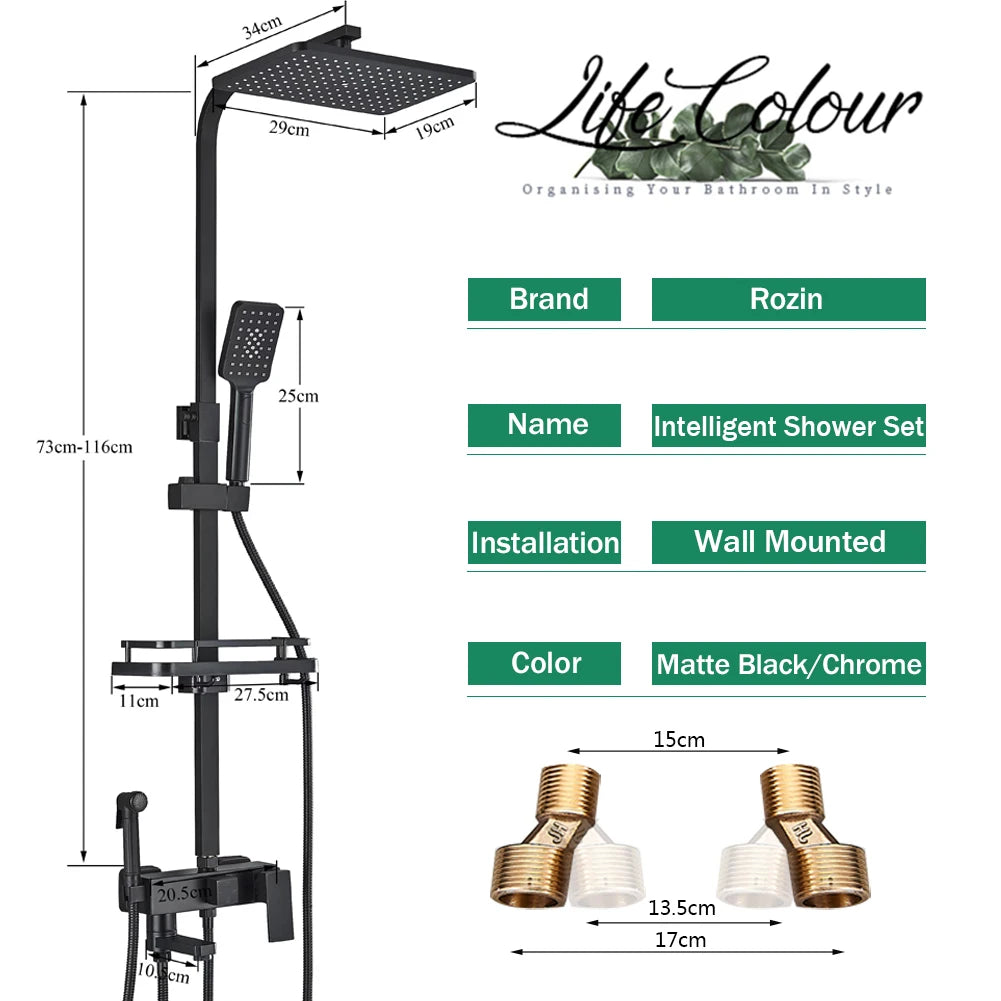 Rainfall Bathroom Shower Faucet Kit With Bidet Wall Mounted Stainless Steel Hot Cold Water Mixer Tap System With Rack,Tub Spout