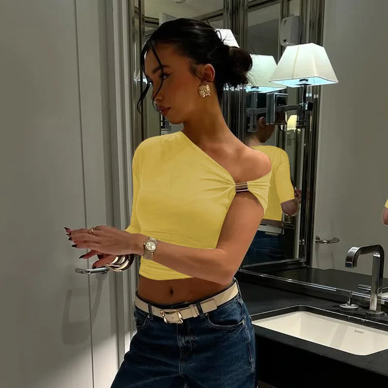 Cryptographic One Shoulder Asymmetrical Tops Summer Fashion Outfits Embellished Sexy Backless Solid Cropped Top Streetwear.