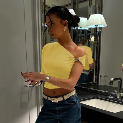 Cryptographic One Shoulder Asymmetrical Tops Summer Fashion Outfits Embellished Sexy Backless Solid Cropped Top Streetwear.