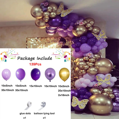 139 Stücke Dunkellila Licht Ballon Girlande Bogen Kit Metall Lila Gold Latex Ballons Hochzeit Party Braut Baby Dusche Geburtstag Dezember