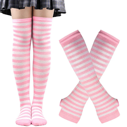 2Pair/Set Women Gothic Punk Over Knee Long Stripe Socks Girl Arm Sleeve Gloves Thigh High Cotton Socks Sweet Cute Soks Hosiery.