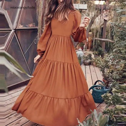 Women Summer dress 2025 new fashion casual solid color v neck long sleeve temperament big swing dresses women vestidos TXGL519.