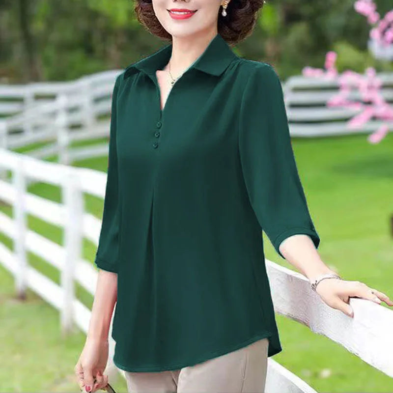 1pcs Woman Summer Solid Blouses Shirt Lady Thin Pullover Shirt Female Casual Half Sleeve Turn-down Collar Loose Top Mom Clothing.