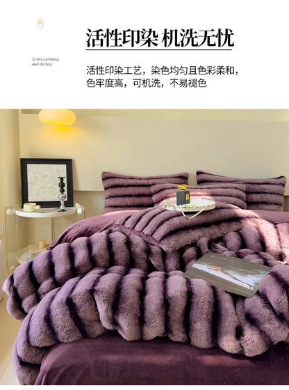 2024 new rabbit velvet milk velvet thickened rabbit fur warm four-piece set, 1.5m 1.8m bed sheet four-piece set.