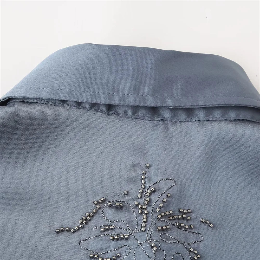 Summer New Product Women's Style Flip Collar with Beaded Embroidered Shirt, High Waist Straight Leg Pants Set.