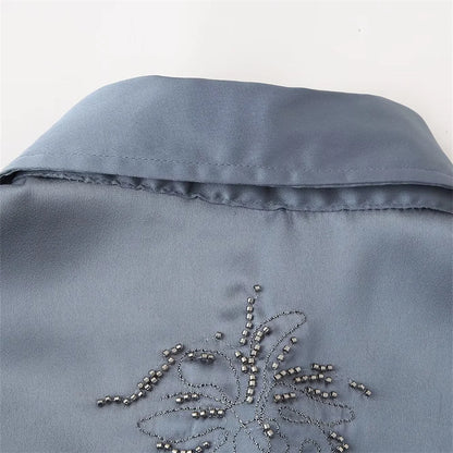 Summer New Product Women's Style Flip Collar with Beaded Embroidered Shirt, High Waist Straight Leg Pants Set.