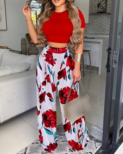 Women Print Pant Sets Two Piece Suit Round Neck Short Sleeve Tops Vests Wide Leg Trousers High Waist Pant Matching Sets Summer.