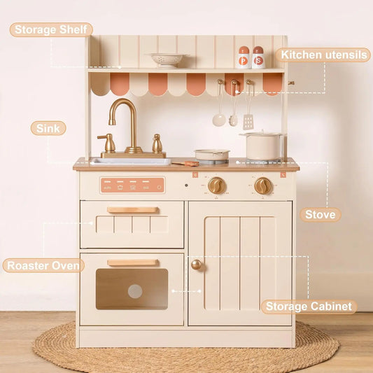 Robotime Robud Play Kitchen Wooden Kids Kitchen Playset with Realistic Design Sink Oven, Stove Cabinet Vintage Style for Kids.