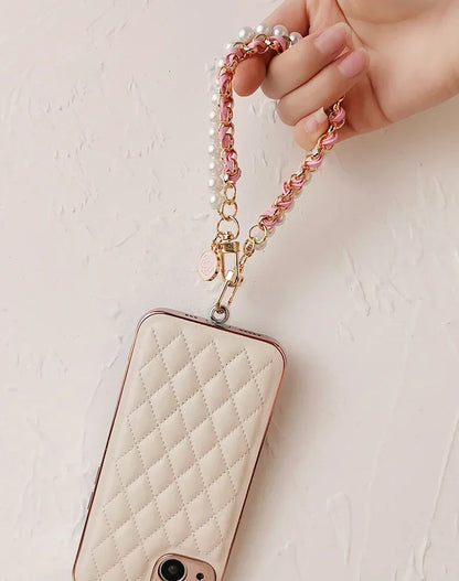 26cm Leather Pearl Camellia Mobile Phone Charm Bracelet Chain Anti-lost Universal Cell Phone Strap Rope Pendant Metal Key Chain.