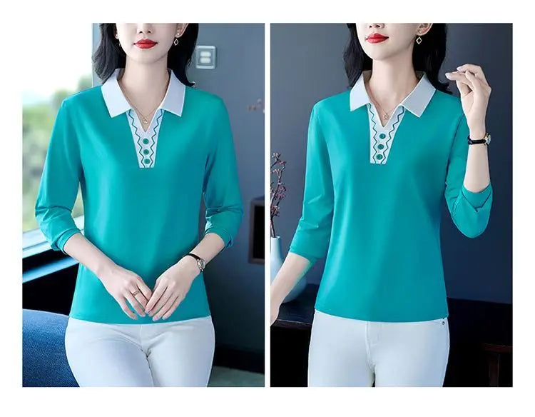 2025 Autumn New Women Clothes Office Lady Simplicity Patchwork Polo-Neck Top Tee Ladies Fashion Loose Buttons Long Sleeve Shirts