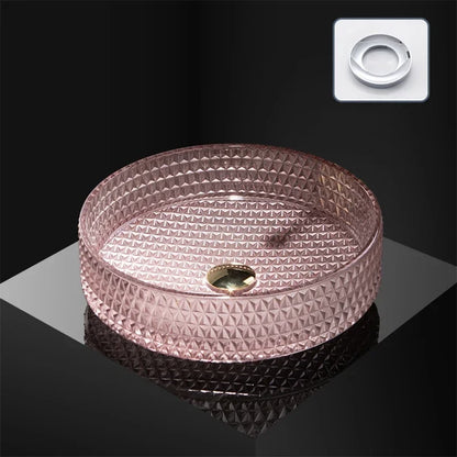 Luxuriöses Waschbecken aus Kristallglas, Badezimmer-Waschbecken, rosa Arbeitsplatte, Kunstbecken, rundes Mini-Schüsselbecken, Waschraum-Waschbecken mit Wasserhähnen