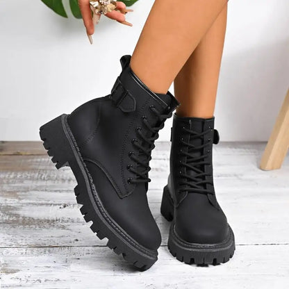 Chunky Platform Thick Heel Pink Ankle Boots Women 2025 Winter Punk Thick Bottom Lace Up Motorcycle Boots Metal Buckle Booties