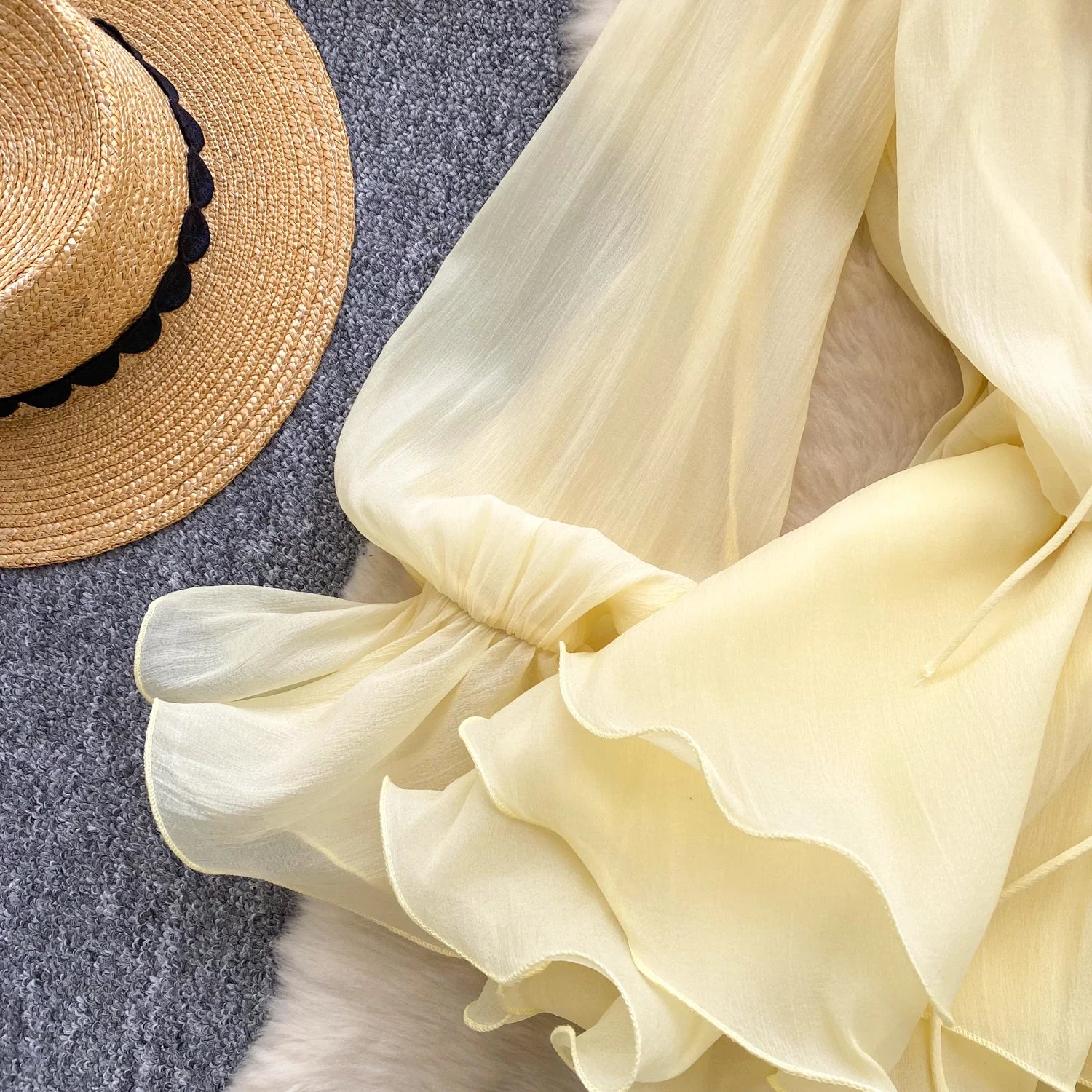 SINGREINY 3D Floral Strand Kurzes Kleid Weibliche Lange Ärmel Spitze Up Rüschen Chiffon Kuchen Sommerkleid Sheer Sexy Vintage Bohemian Kleid.