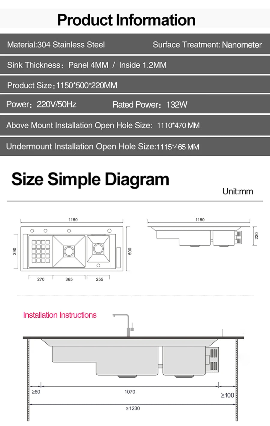 ASRAS Nanometer Smart Purifying Kitchen Sink Large Size Handmade Step Sink Smart Purifying Kitchen Island Sinks