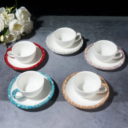 1 Set 210ml Cappuccino Coffee Cup Set Sparkling Rhinestone Ceramic Mugs With Saucer  Afternoon Tea Cup Dessert Plate Tablewar.
